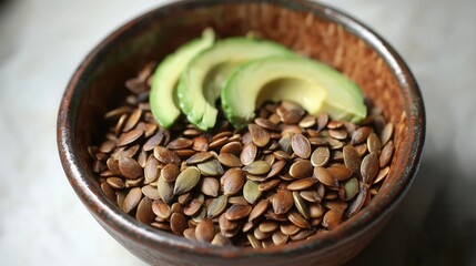 Fototapeta premium Roasted seeds and avocado slices in a rustic bowl