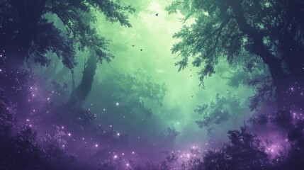 Fototapeta premium Enchanted Forest at Night with Glowing Purple and Green Mist