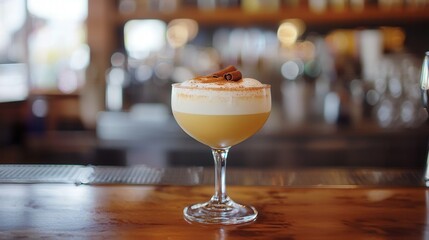 Creamy Cocktail with Cinnamon Garnish on Bar