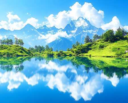 Serene alpine lake reflects mountains, sky, peaceful scene - Powered by Adobe