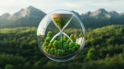 Artistic hourglass containing a lush green forest symbolizing environmental sustainability and life cycle assessment