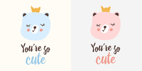 Obraz premium Cute baby shower cards with blue and pink bear faces, crowns, and gender announcement. Vector illustration