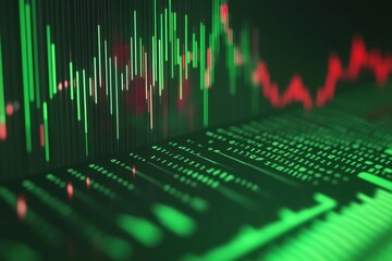 Abstract financial background. High tech dynamic backdrop. Stock market data on digital screen. Green light. Immersive futuristic theme for media web design projects. Trading charts, bar, arrow, graph