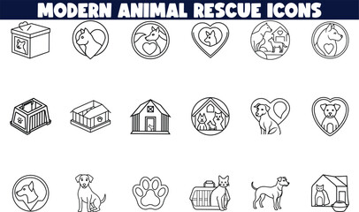 Fototapeta premium Modern Animal Shelter Rescue Icons Dogs, Cats, Love, Care