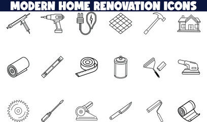 Modern Home Renovation Icons Tools, Materials, and House Design