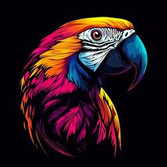 Obraz premium Vibrant digital illustration of a macaw head with bold colors and stylized features against a black background.