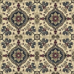 Naklejka premium Patterned rug with flowers and leaves in various shades of blue and brown
