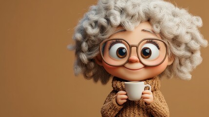 3D cartoon grandma with tiny glasses, fluffy curly hair, and a warm knitted sweater