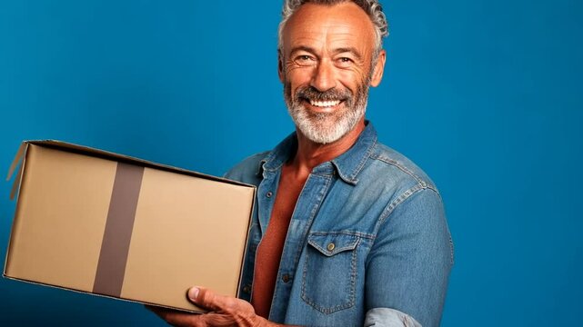 &Auml;lterer Mann h&auml;lt Paket und l&auml;chelt zufrieden