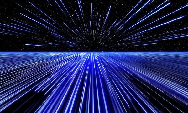 Radiant blue lines converge over a starfield. Speeding, abstract, hyper space perspective