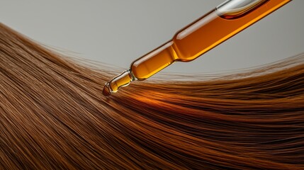 The woman's shiny hair, stroked by an oil dropper above it on the white background. 2