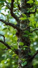 Fototapeta premium Close-up of tree branches with fresh green leaves, symbolizing growth and nature