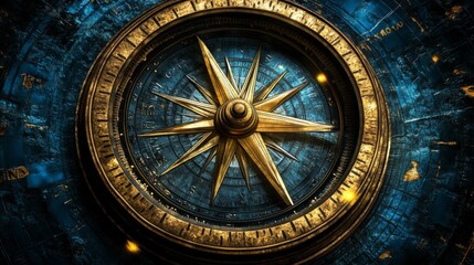 Obraz premium Ornate Gold Compass on a Dark Blue Starry Background
