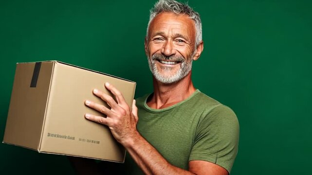 &Auml;lterer Mann h&auml;lt ein Paket und l&auml;chelt gl&uuml;cklich