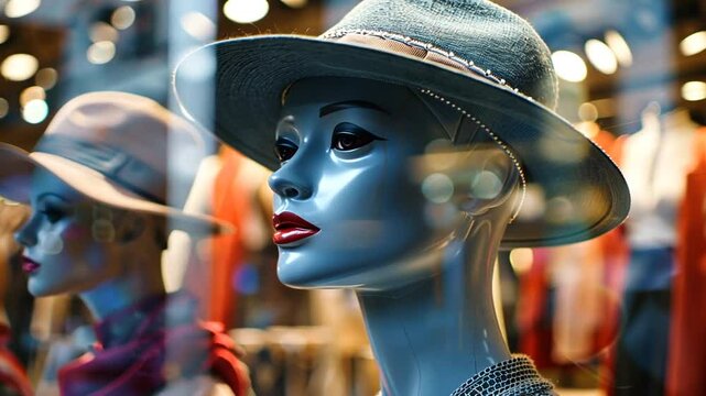 Schaufensterpuppen mit stilvollen H&uuml;ten in einem Modegesch&auml;ft