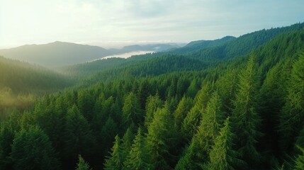 Fototapeta premium A dense green forest stretches across rolling hills under a bright sky, creating a peaceful and natural landscape.