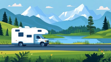 An illustrated camper van is driving along a road through a scenic landscape. In the background, there are mountains with snowy peaks, a lake, green hills, and pine trees.