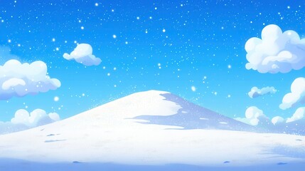 Fototapeta premium Serene Winter Landscape Snow Covered Hill Under a Blue Sky with Fluffy Clouds and Falling Snow