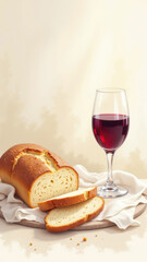 A Christian scene with a glass of wine and sliced bread on a tablecloth against a gradient background.