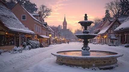 Fototapeta premium Charming Old Town Square with Glowing Fountain and Warm Lighting During Winter Snowfall