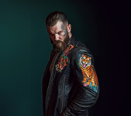 Rugged bearded man in leather jacket showcasing fierce expression and intricate tiger tattoo against dark studio backdrop