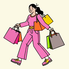 Cartoon woman shopping with bags &ndash; fashion and retail illustration for blogs, e-commerce, sales promotions, shopping content, and lifestyle designs

