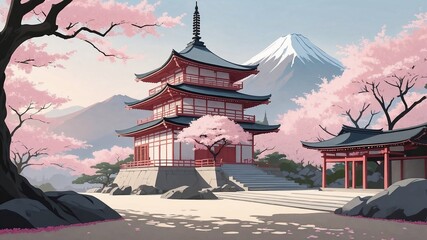 Morning View of a Japanese Temple with Serene Surroundings - Vector Illustration