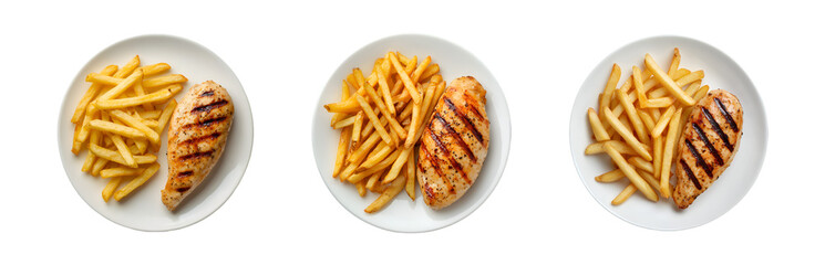 Grilled chicken breast with french fries on a white plate isolated on a transparent background