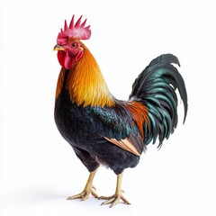 Rooster standing proudly against a plain white background