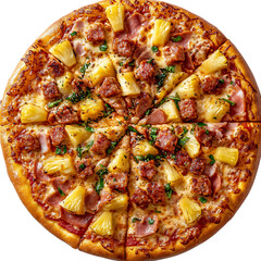A Hawaiian Pizza with Pineapple and Ham Isolated on Transparent Background