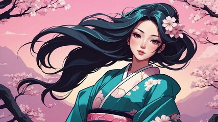 Close-Up Anime Japanese Girl with Sakura Blossoms - Vector Art