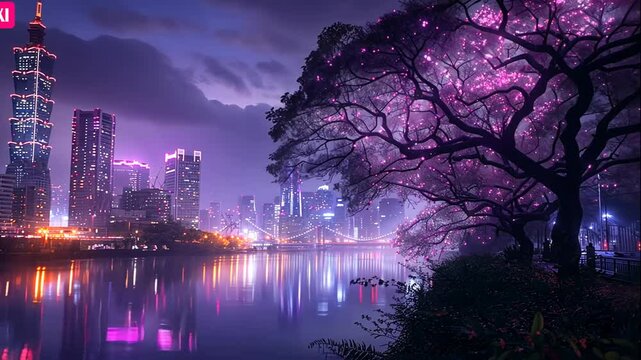 Magical City Night Lightscape Purple Pink Tree River Reflection