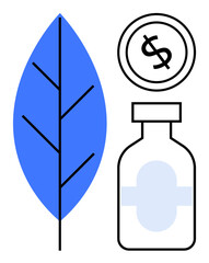 Blue leaf, dollar coin icon, and medicine bottle representing balance of nature, healthcare, and cost. Ideal for sustainability, healthcare, ecology, pharmaceuticals budgeting wellness green