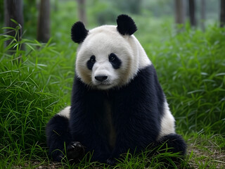 Obraz premium Giant panda eating bamboo in a forest