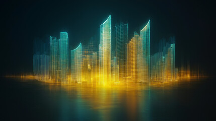 Fototapeta premium City of Lights: An artistically rendered cityscape glows with ethereal light, where high-rise buildings shimmer with a futuristic essence, illustrating urban dynamism, innovation.