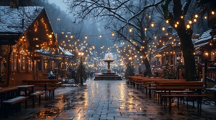 Charming Winter Village Square Aglow with Holiday Lights and