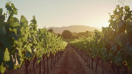 Naklejka premium Golden Hour Vineyard Rows Lush Green Vines at Sunset