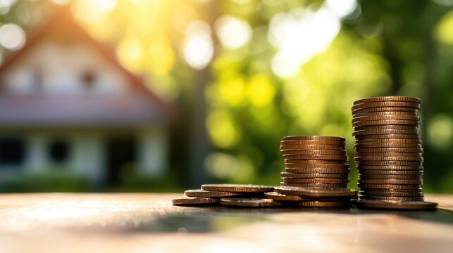 Maximizing Property Investment Understanding Loans and Mortgages in a Residential Environment Close-Up on Coins and Home Background