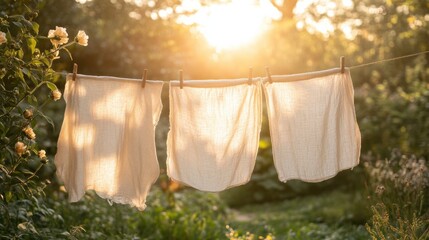 Freshly washed linen sheets drying on a clothesline in a sunny garden at sunset