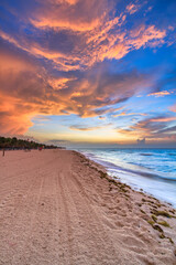 Sunrise on the beach of Playa del Carmen at Caribbean sea, Mexico
