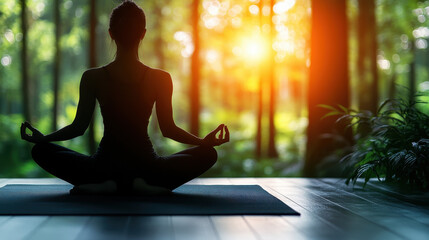 Tranquil silhouette of a person meditating in nature during sunset, capturing a moment of peace and reflection amidst beautiful surroundings and soft light