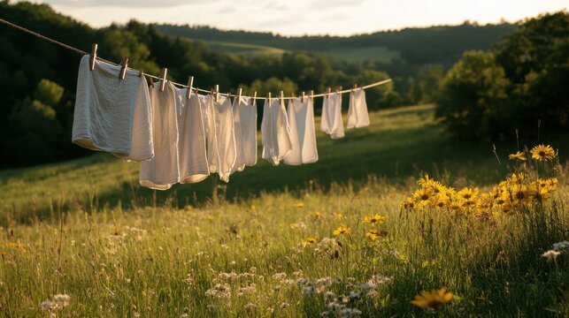 Freshly washed linen shirts hanging on a clothesline in a serene countryside setting during golden hour