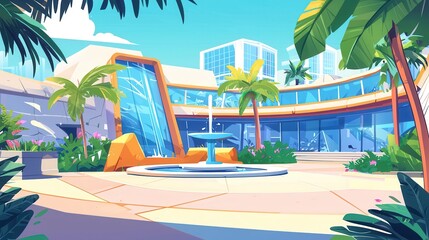 Fototapeta premium Tropical Courtyard with Modern Building and Fountain