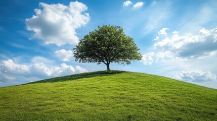 Obraz premium Lonely tree growing on a green hill under a cloudy sky