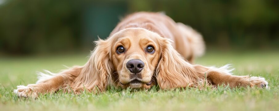 A Cocker Spaniel stretching its legs on a grassy field, warming up before an active beach outing.