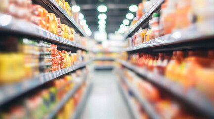 Fototapeta premium A blurred view of a grocery store aisle with shelves stocked with various products on both sides, creating a sense of depth and focus on the central walkway.