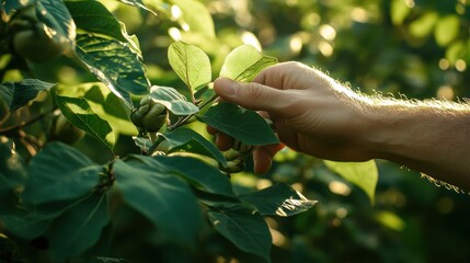 Fototapeta premium Hand gently touching green leaves in a sunlit garden