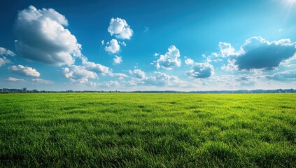 Obraz premium Green grass field and blue sky with cloudscape scenery