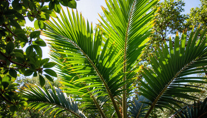 Fototapeta premium Lush tropical palm leaves in vibrant jungle, nature's serenity