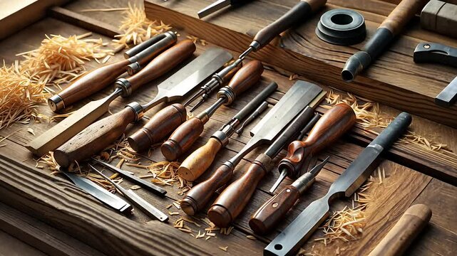 Various Woodworking Tools and Equipment Arranged on a Wooden Surface with Shavings

